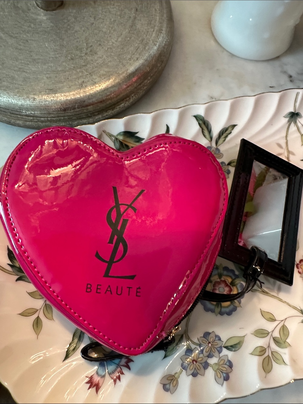 Aunthentic Yves Saint Laurent Pink Patent Heart Cosmetic Bag